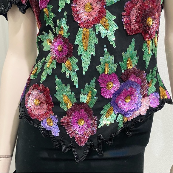 Vintage Laurence Kazar Heavily Beaded Sequin Floral Blouse Size M - Picture 7 of 16